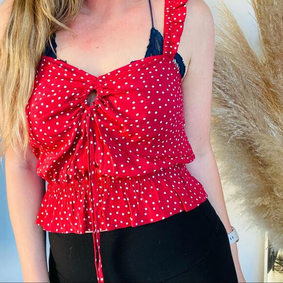 NEW EXPRESS Red White Polka Dot Ruffle Tank Top Peplum Keyhole Tie Crop Shirt XS - Picture 4 of 12